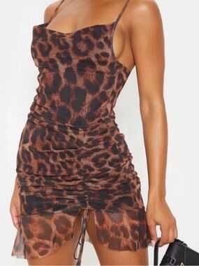 PLT Leopard Print Ruched Slip Dress - Brown